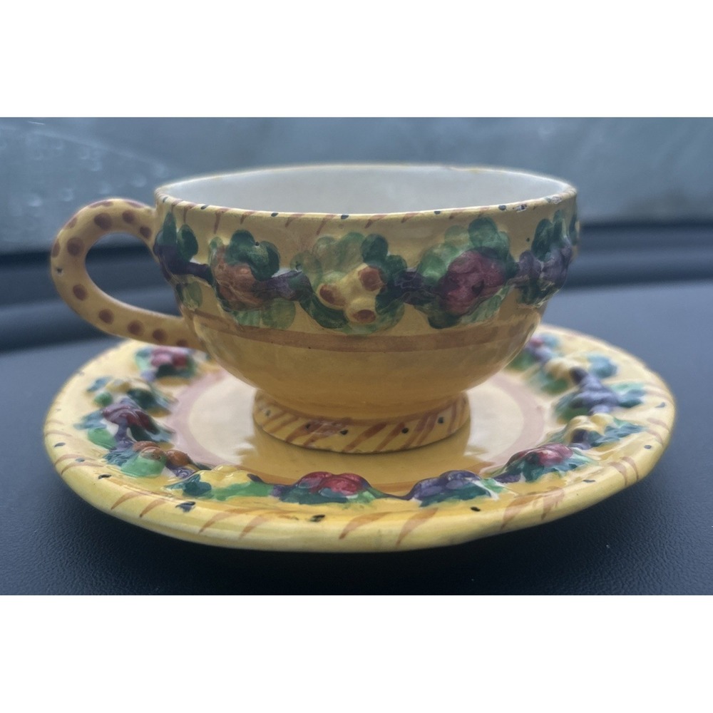 VTG Yellow Italian Pottery Teacup & Saucer Ceramic Hand Made/Painted Italy Fruit